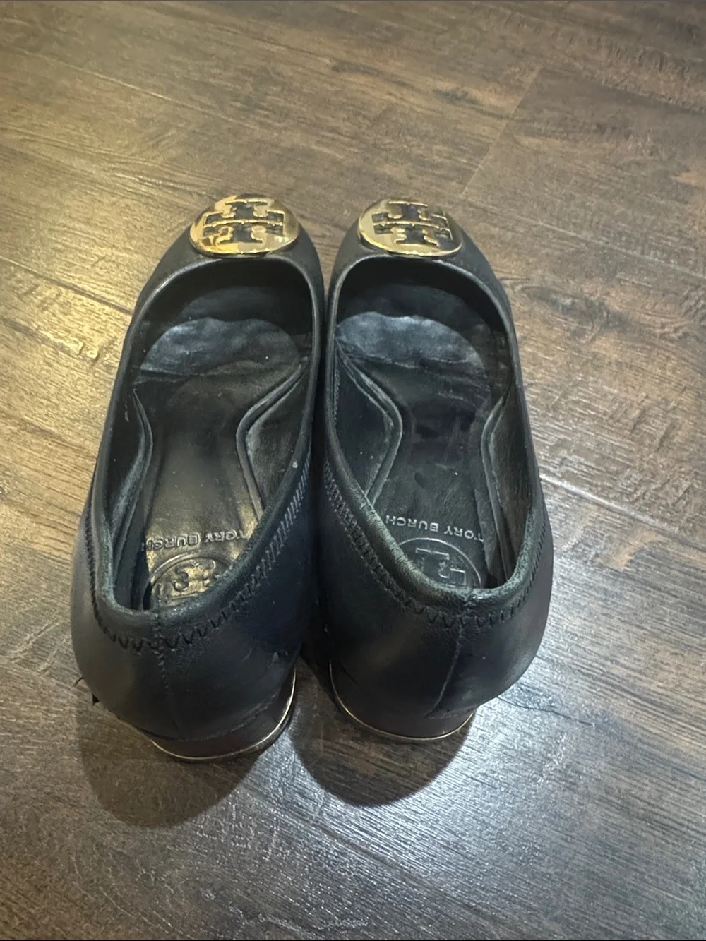 Tory Burch Black Leather Flats with Gold Logo Medallion